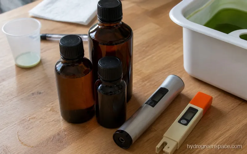 Advanced Nutrients pH Perfect Sensi Grow and Bloom bottles alongside a DWC reservoir and pH meter on a grow room shelf