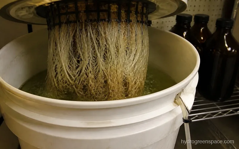 Side-by-side view of a DWC plant in early veg fed with Sensi Grow A+B, showing dense foliage and healthy root structure in a net pot