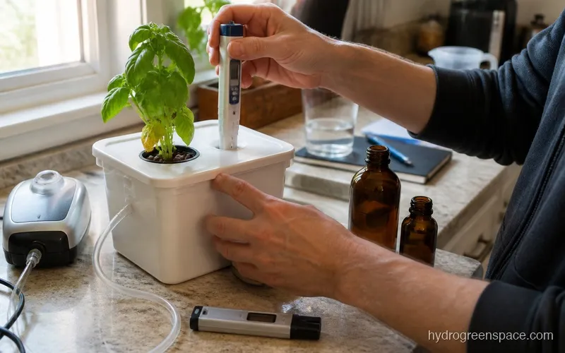 Beginner hydroponic setup with Advanced Nutrients Sensi Grow and Bloom bottles next to a small DWC bucket, pH meter, and EC pen on a workbench