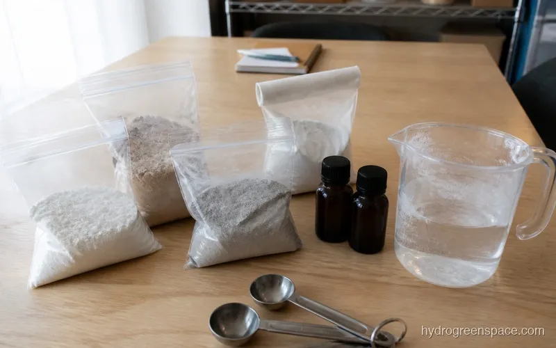 Four nutrient product bags and bottles arranged on a table with measuring spoons and a mixing jug