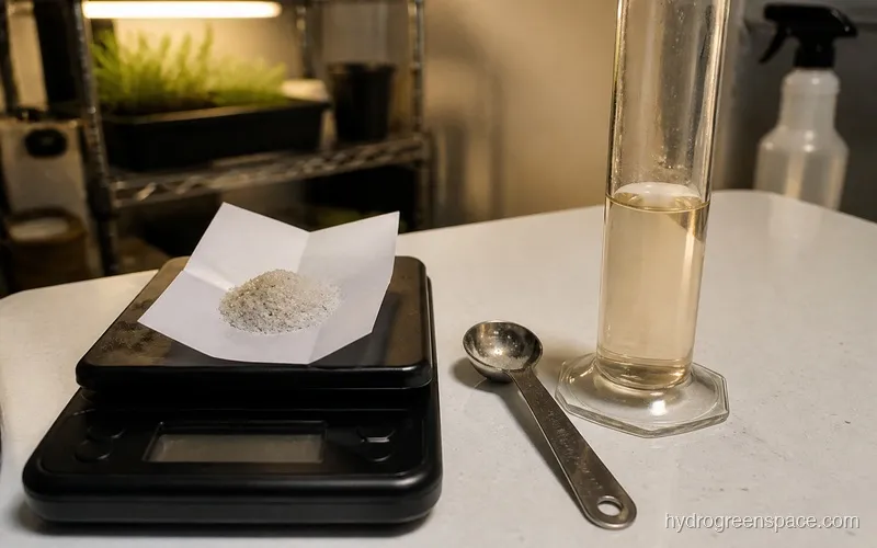 Digital kitchen scale weighing powder nutrients next to a measuring cylinder with mixed nutrient solution