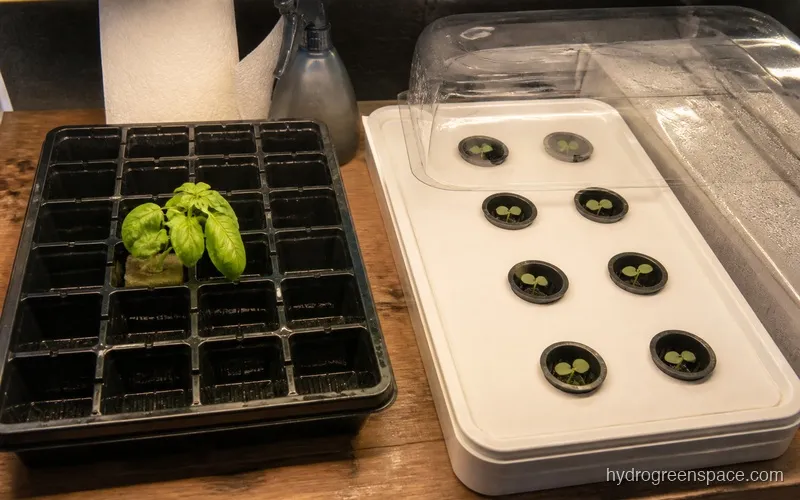 Side-by-side of a basil cutting in rockwool next to lettuce seedlings in a propagation tray