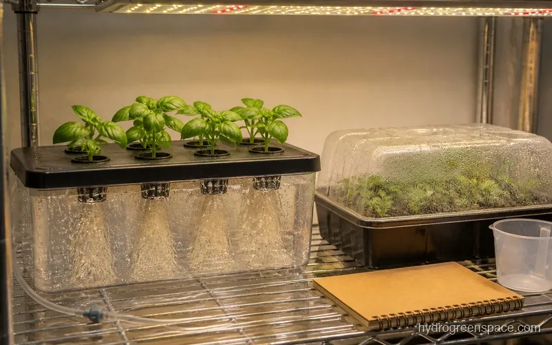 Aeroponic cloner with visible roots hanging from clone collars next to a simple propagation tray with humidity dome