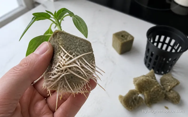 Close-up of rockwool cube with white roots emerging from the bottom, ready for transplant