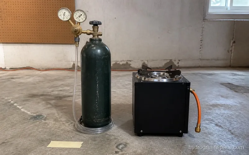 Side-by-side comparison of a compressed CO2 tank with regulator on the left and a propane CO2 generator on the right, both on a concrete floor