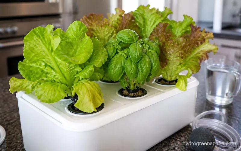 Close-up of mixed lettuce varieties and basil plants sharing a DWC system with healthy foliage