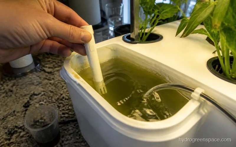 EC meter dipped into a hydroponic reservoir next to a measuring cup
