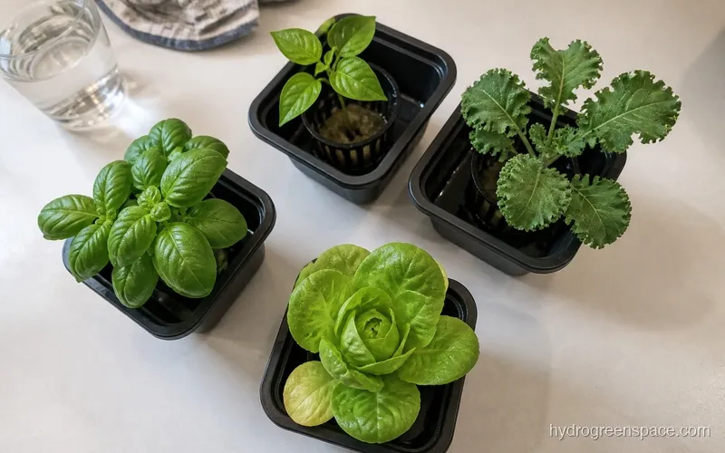 Overhead view of a hydroponic NFT channel with different crop families labeled in sequence, showing a rotation planning layout