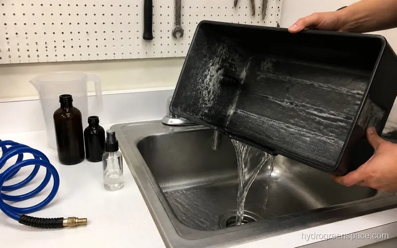 Side-by-side view of a hydroponic reservoir during clean-out: empty and scrubbed on the left, freshly filled with nutrient solution on the right