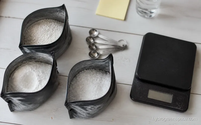 Three bags of dry fertilizer salts (calcium nitrate, monopotassium phosphate, Epsom salt) laid out on a surface next to a small kitchen scale and measuring spoons