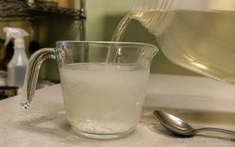 Stock solution being mixed: a clear measuring cup on a kitchen counter with slightly cloudy water dissolving white powder, wire metro shelving in background