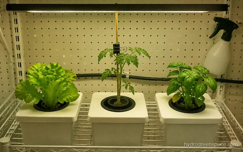 Three net cups on a wire shelf each growing a different crop (lettuce, tomato seedling, basil) under a grow light bar, illustrating crop-specific recipe targets
