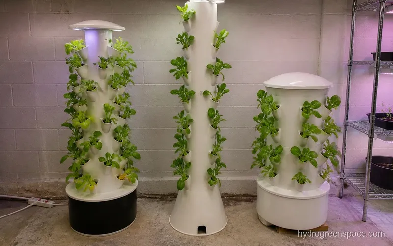 Three vertical hydroponic tower systems side by side showing size and design differences for comparison
