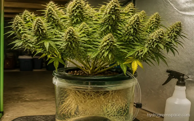 Autoflower plant in a DWC bucket showing dense bud formation at peak flower stage with visible white root mass below