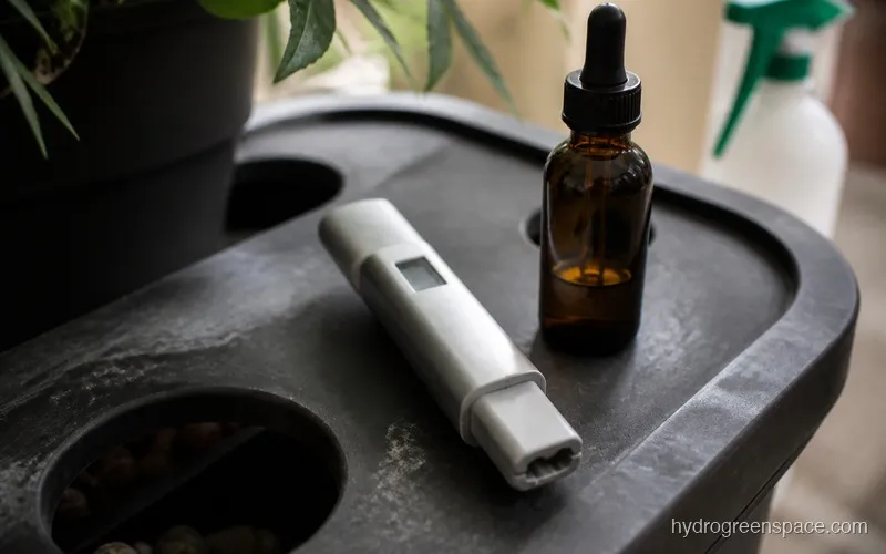 TDS meter and dropper bottle of nutrient concentrate next to a hydroponic reservoir lid