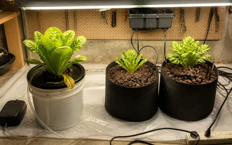 Side by side view of a white DWC bucket system and a coco coir drip system in a basement grow space