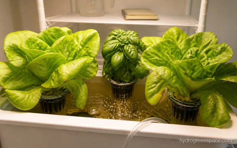 Close-up view looking into an open DWC reservoir with lettuce and basil at harvest stage, white roots visible through clear nutrient water