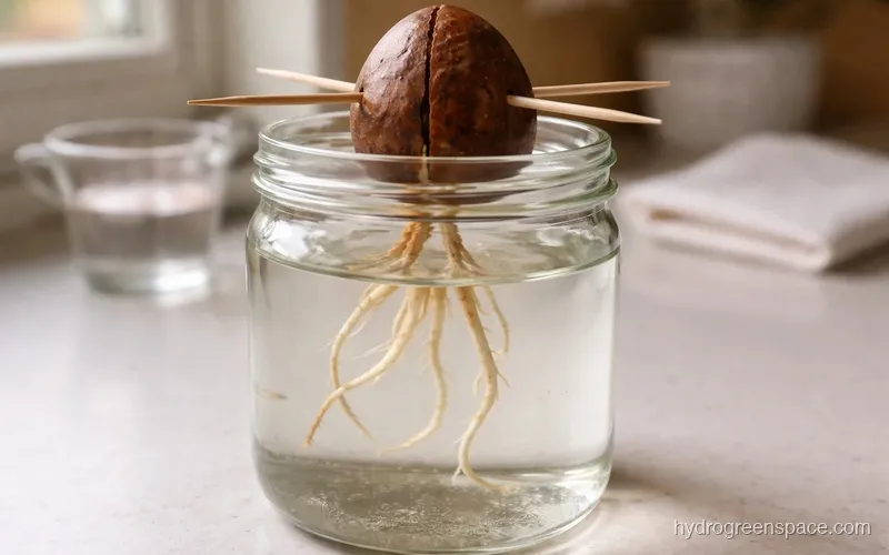 Avocado pit suspended over a glass jar with visible roots emerging from the base