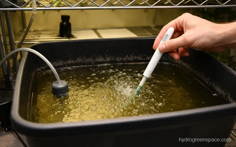 A hydroponic reservoir with an air stone bubbling and nutrient solution being measured with an EC meter