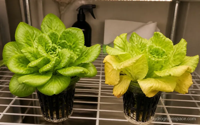Two lettuce plants in net pots side-by-side, one healthy and green, one with yellowing outer leaves