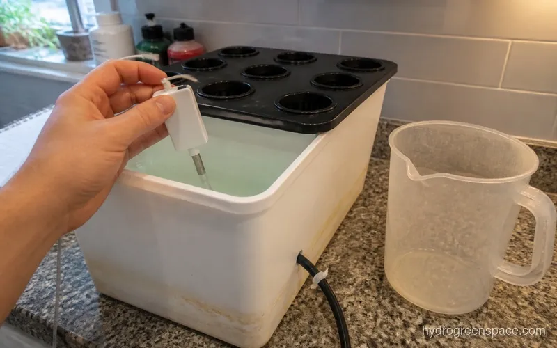 Hand holding a digital EC meter displaying a reading next to a nutrient reservoir with a mixing jug nearby