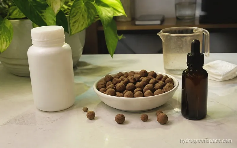 Side-by-side comparison of a soil fertilizer bottle and a hydroponic fertilizer bottle next to a container of LECA clay pebbles