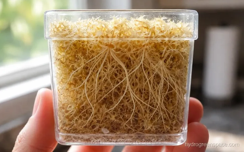 Close-up of Venus fly trap roots visible through a clear container showing white healthy roots and medium