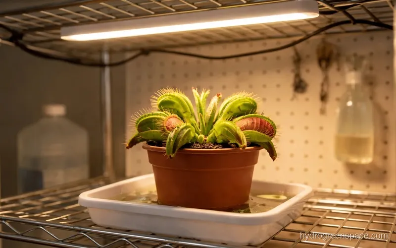 Venus fly trap in a sphagnum moss pot sitting under a full-spectrum LED grow light on a wire shelf with a water tray visible below