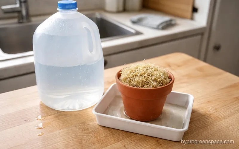 Distilled water jug being poured into a small tray beneath a potted Venus fly trap on a kitchen counter