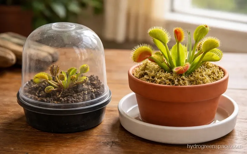 Side-by-side comparison of a commercial Venus fly trap terrarium kit with colored soil on the left and a simple sphagnum moss tray setup on the right