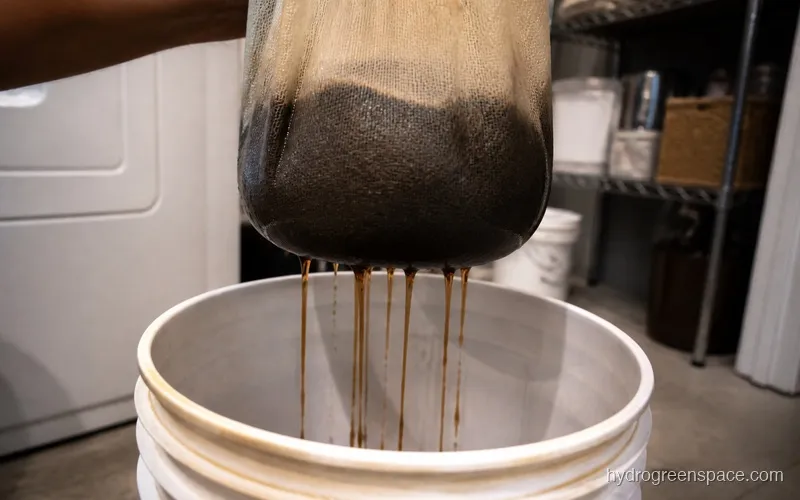 Close-up of compost tea being strained through a fine mesh filter bag into a bucket