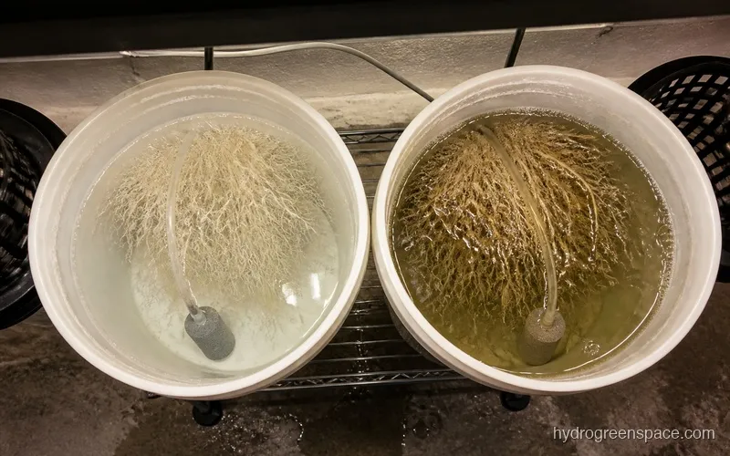 Side-by-side of a DWC bucket reservoir with clean roots next to one with early biofilm buildup on the air stone