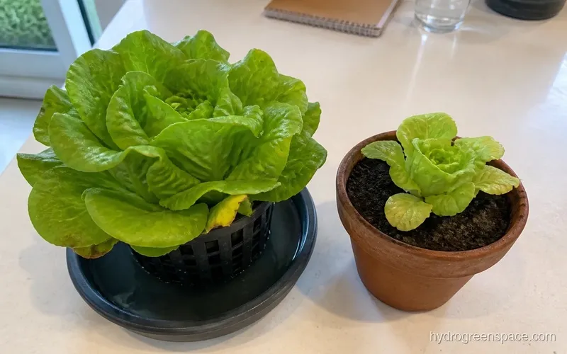 Side-by-side comparison of a large hydroponic butterhead lettuce and a smaller soil-grown plant at the same age