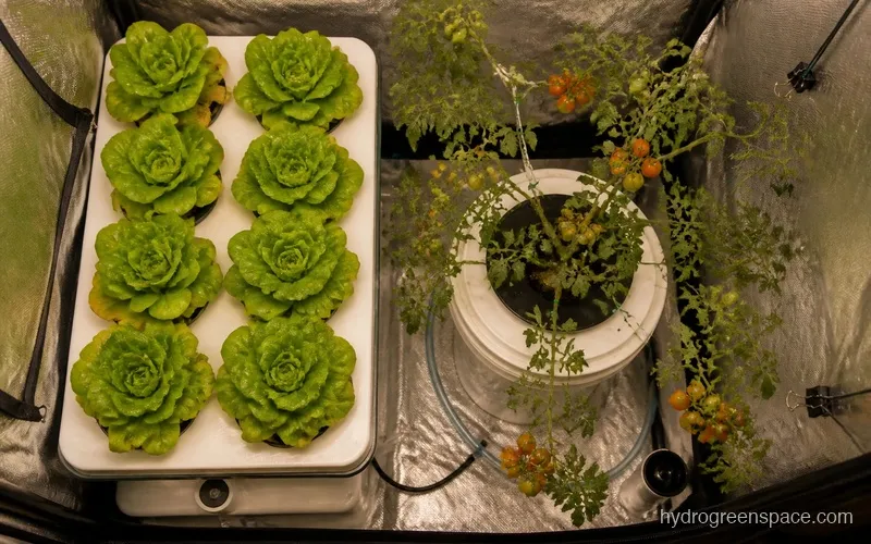 Overhead view inside a grow tent showing dense lettuce spacing on one half and a trained tomato plant with open canopy on the other