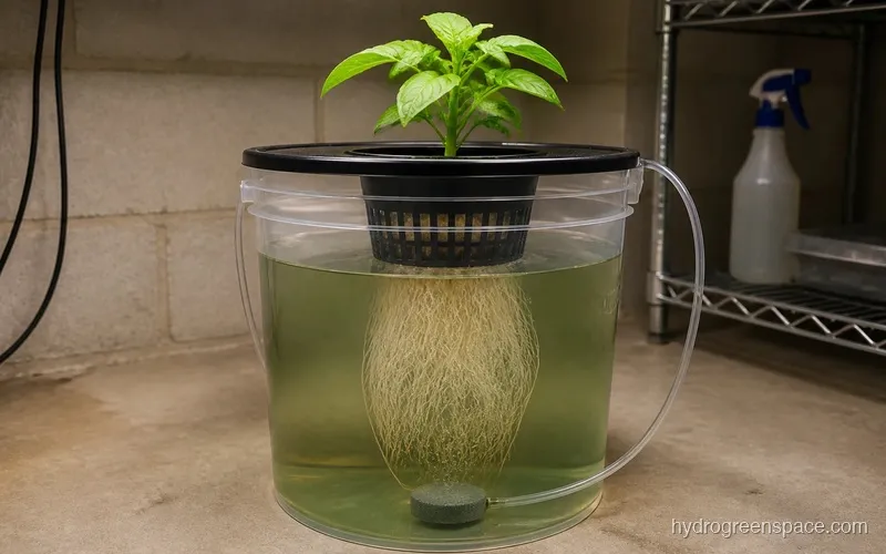 Cross-section view of a DWC bucket showing the air stone at the bottom, roots hanging through nutrient solution, net pot above, and visible air gap