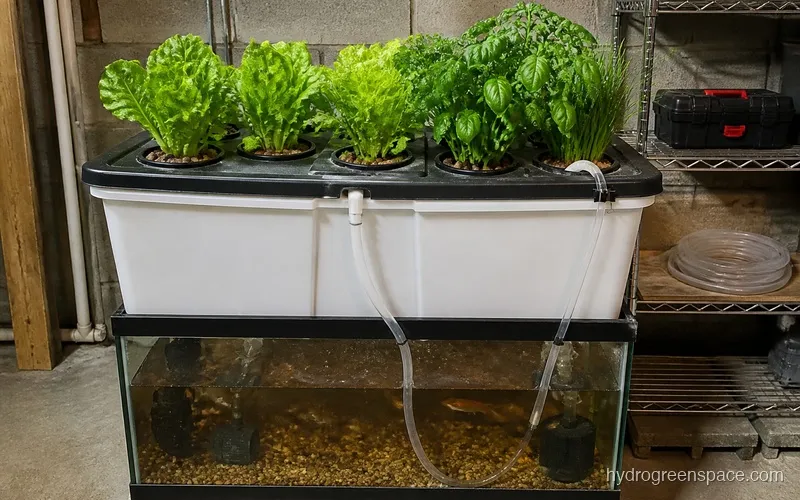 DIY aquaponic setup with a plastic storage tote grow bed on top of a glass fish tank connected by tubing