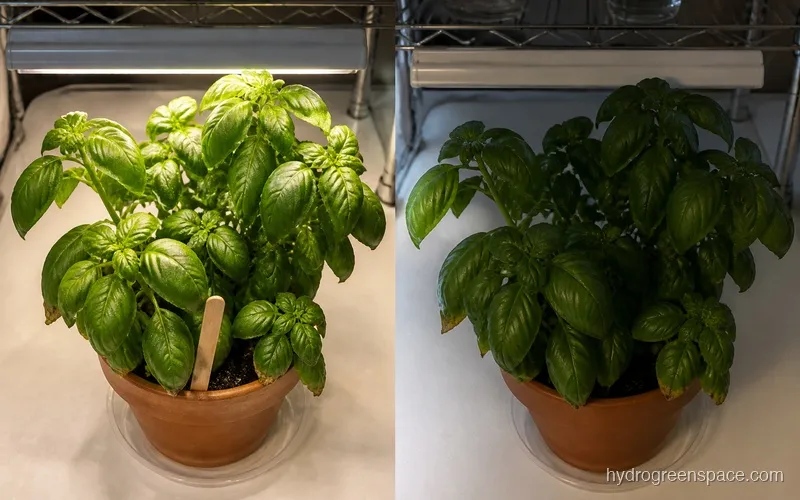 Diagram showing a plant's light absorption during the photoperiod on the left and dark period respiration cycle on the right, labeled side by side