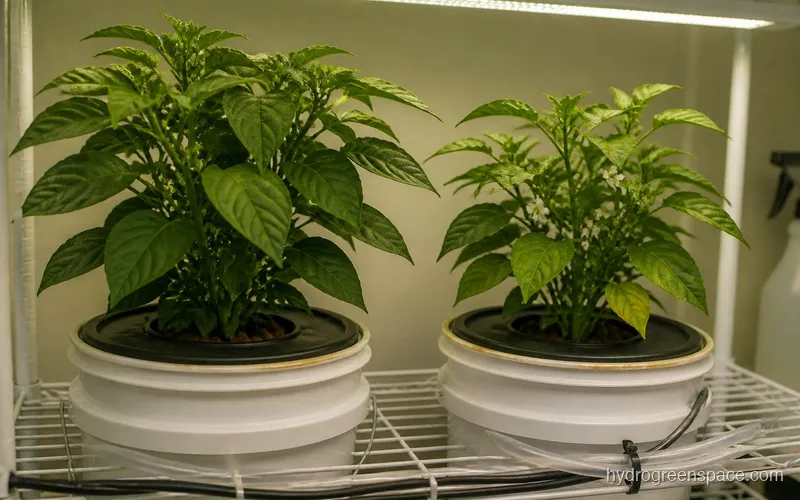 Comparison of a plant in 18/6 vegetative growth on the left versus 12/12 early flowering stage on the right, showing canopy size difference