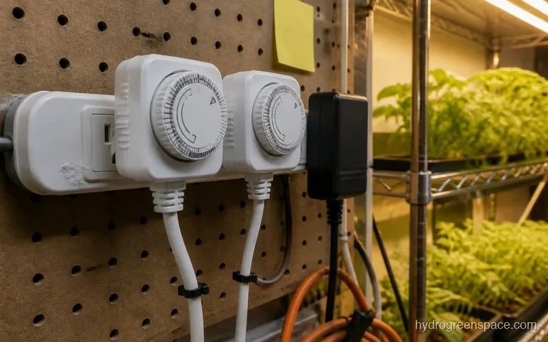 Grow room with digital light timers mounted on a power strip next to a grow light controller, showing timer settings display