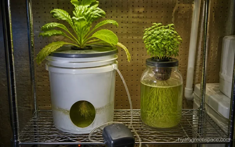 DWC bucket system and Kratky jar filled with nutrient solution showing plant roots