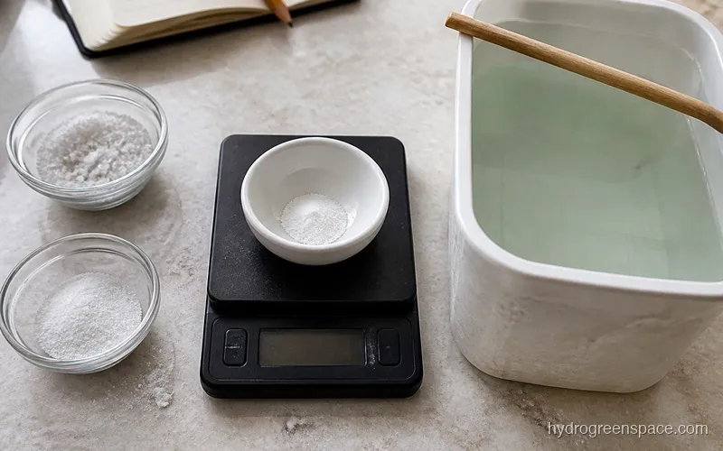 Digital gram scale with measured portions of Masterblend, calcium nitrate, and Epsom salt in small bowls next to a full reservoir