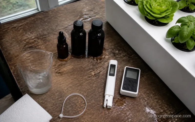Hydroponic nutrient bottles arranged next to a pH meter and EC meter on a growing bench