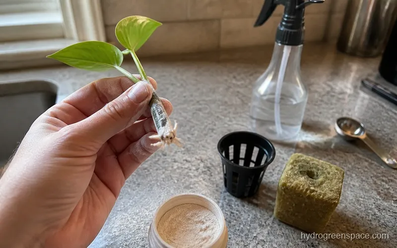 Hands dusting mycorrhizal inoculant powder onto the base of a seedling cutting before transplant