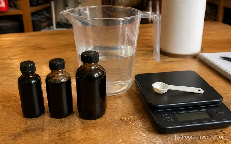 Hydroponic nutrient bottles and mixing equipment on a workbench