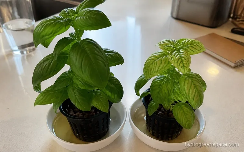 Side-by-side comparison of healthy hydroponic basil and basil showing interveinal chlorosis on new leaves