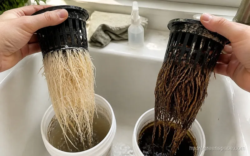 Healthy white hydroponic roots next to brown slimy roots affected by root rot