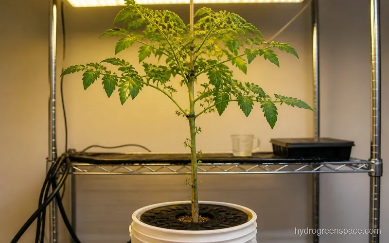 Hydroponic tomato plant with lower leaves removed and fruit sites clearly visible on upper stems