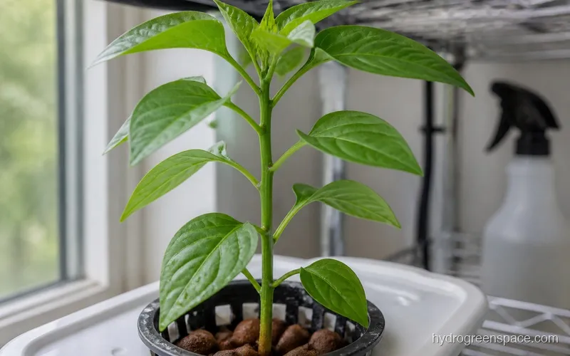 Hydroponic pepper plant at the 4-node stage with clear node structure and healthy lateral branching visible