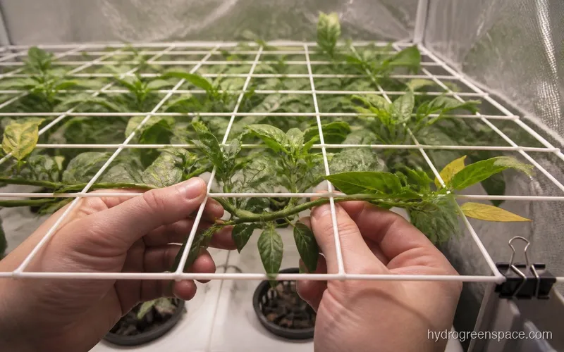Close-up of hands weaving a plant branch through square mesh netting, with visible lateral branching spreading across the screen