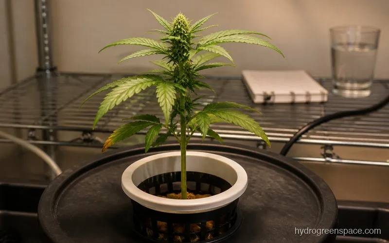 Single untopped hydroponic plant in a small net pot showing one dominant main cola with minimal lower branching